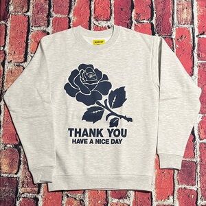 Market Light Gray Crewneck Sweater with Navy Rose Graphic